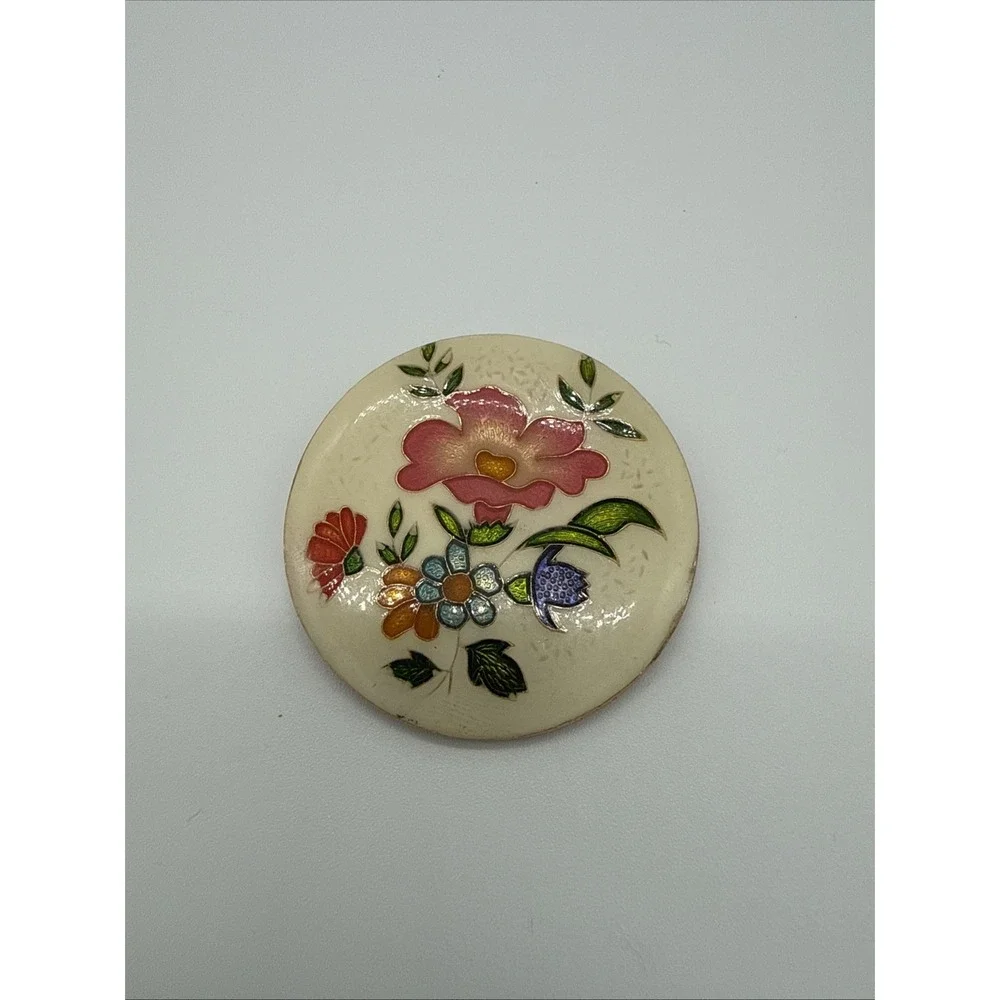 Antique Pin Transfer Painted Design Floral Pastels‎ Brass Setting C Clasp